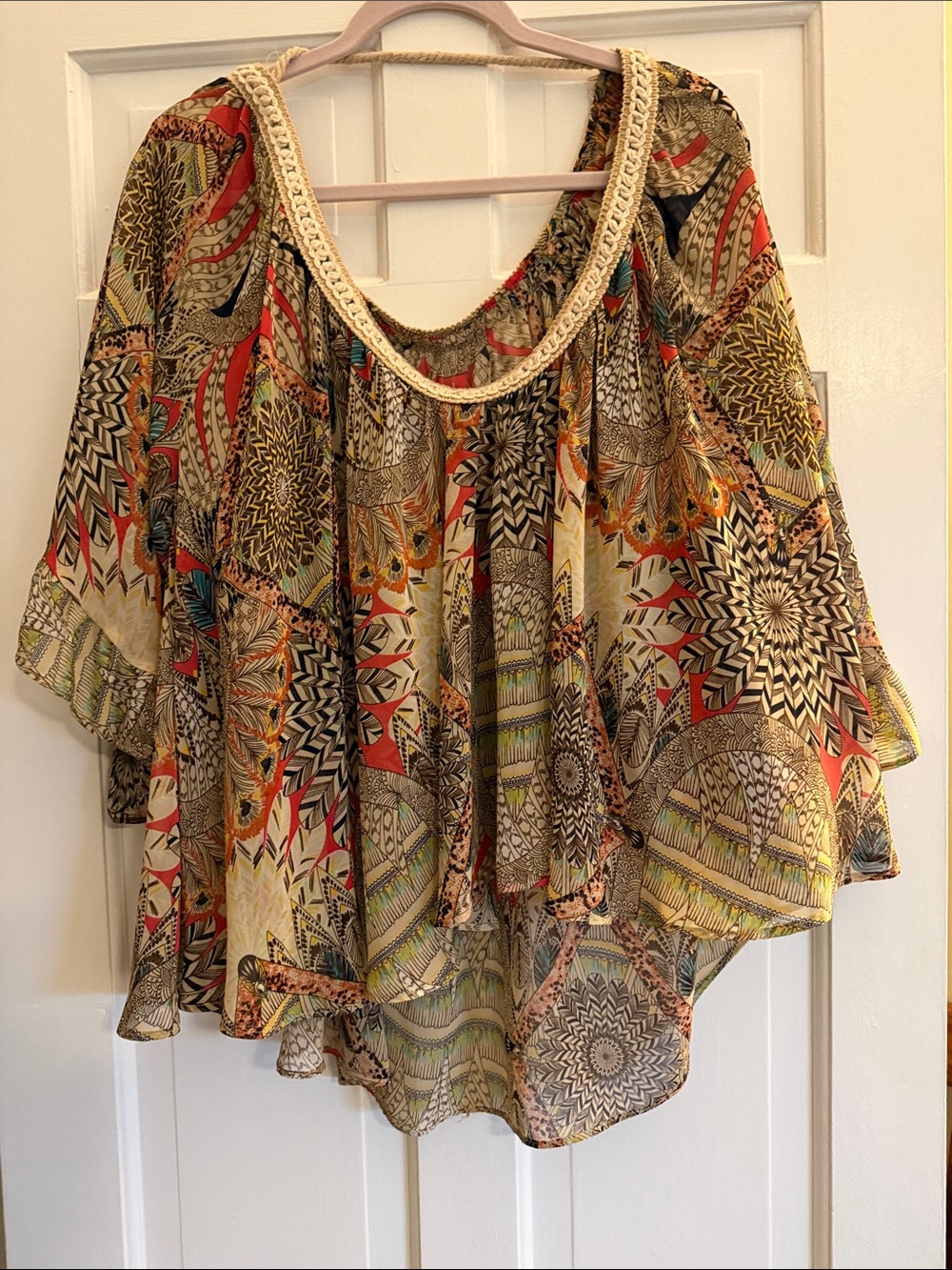 Embroidered Scoop-Neck Boho Top - Multicolored